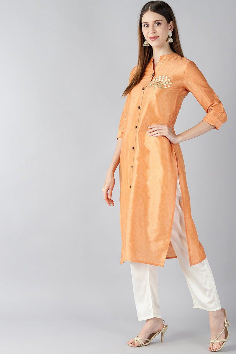 Orange Cotton Floral Printed Alia Cut Kurti With Pant And Dupatta